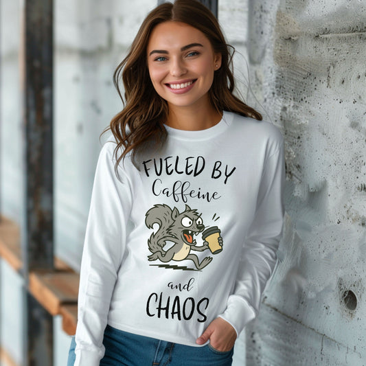 Fueled by Caffeine and Chaos Squirrel Long Sleeve T-Shirt – Funny Coffee Animal Tee