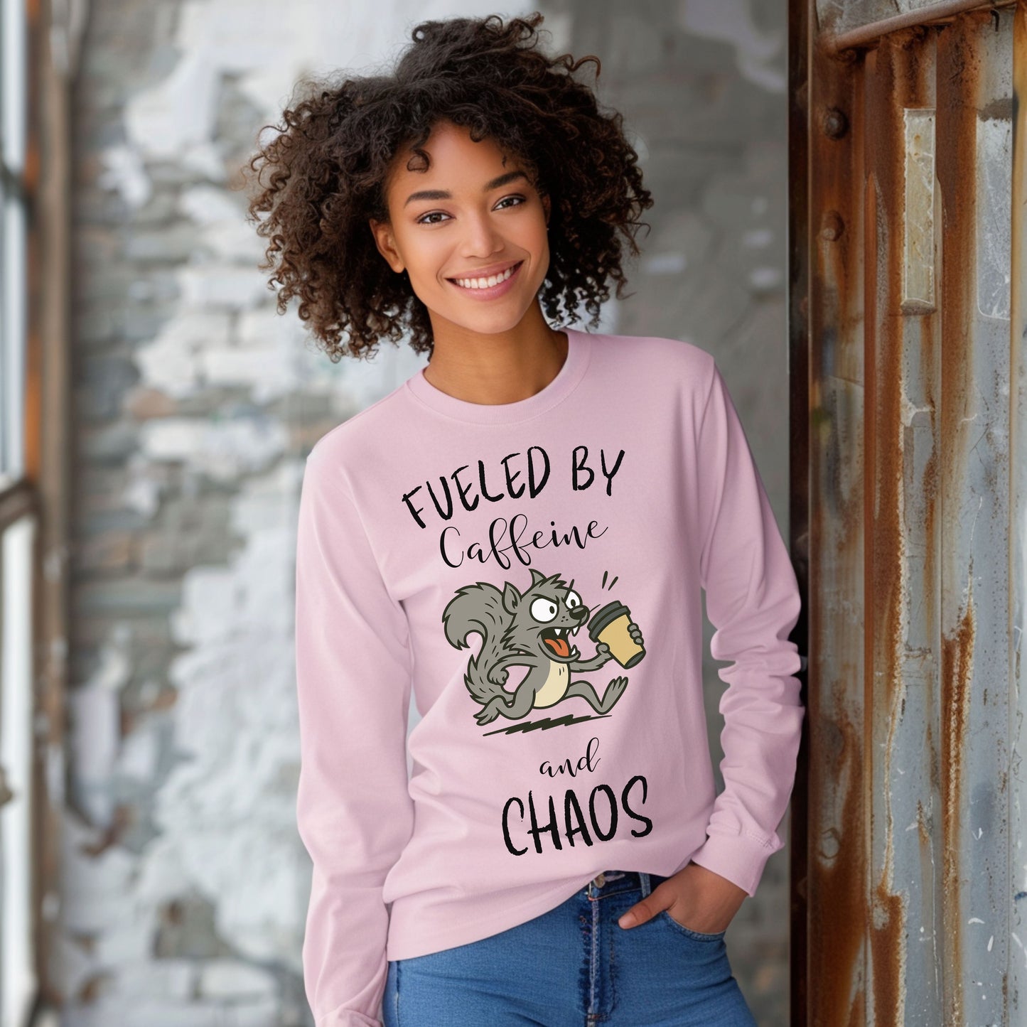 Fueled by Caffeine and Chaos Squirrel Long Sleeve T-Shirt – Funny Coffee Animal Tee