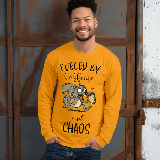 Fueled by Caffeine and Chaos Squirrel Long Sleeve T-Shirt – Funny Coffee Animal Tee