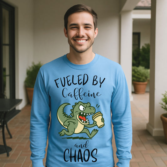Fueled by Caffeine and Chaos Dinosaur Long Sleeve T-Shirt – Funny Coffee T-Rex Tee for Caffeine Addicts