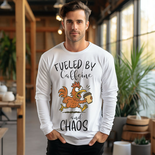 Fueled by Caffeine and Chaos Chicken Long Sleeve T-Shirt – Funny Coffee Hen Tee for Animal Lovers