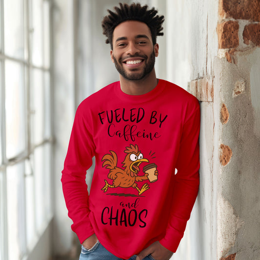 Fueled by Caffeine and Chaos Chicken Long Sleeve T-Shirt – Funny Coffee Hen Tee for Animal Lovers