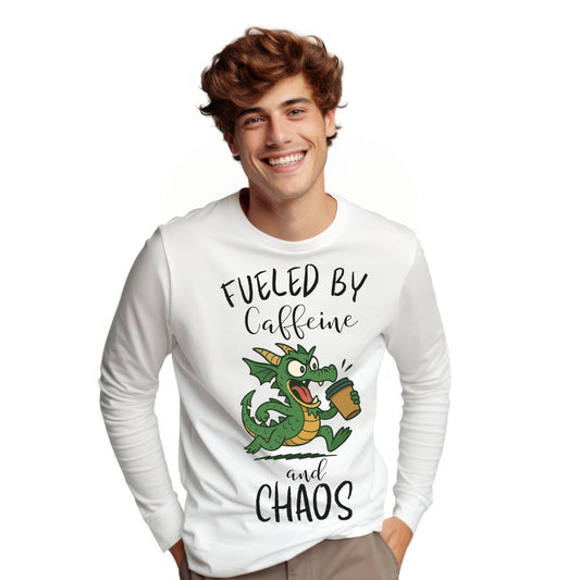 Fueled by Caffeine and Chaos Dragon Long Sleeve T-Shirt – Funny Fantasy Coffee Tee for Mythical Creature Fans