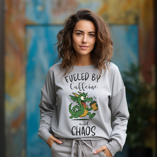 Fueled by Caffeine and Chaos Dragon Long Sleeve T-Shirt – Funny Fantasy Coffee Tee for Mythical Creature Fans