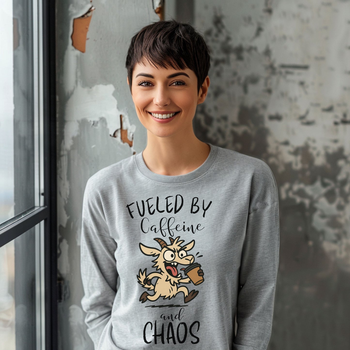Fueled by Caffeine and Chaos Goat Long Sleeve T-Shirt – Funny Coffee Farm Animal Tee for Goat Lovers