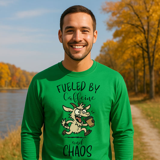 Fueled by Caffeine and Chaos Goat Long Sleeve T-Shirt – Funny Coffee Farm Animal Tee for Goat Lovers