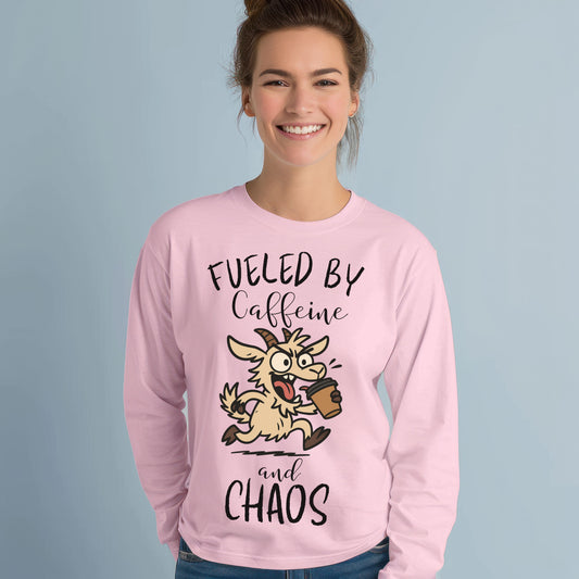 Fueled by Caffeine and Chaos Goat Long Sleeve T-Shirt – Funny Coffee Farm Animal Tee for Goat Lovers