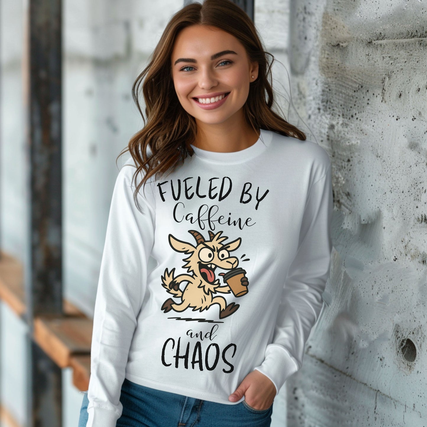 Fueled by Caffeine and Chaos Goat Long Sleeve T-Shirt – Funny Coffee Farm Animal Tee for Goat Lovers