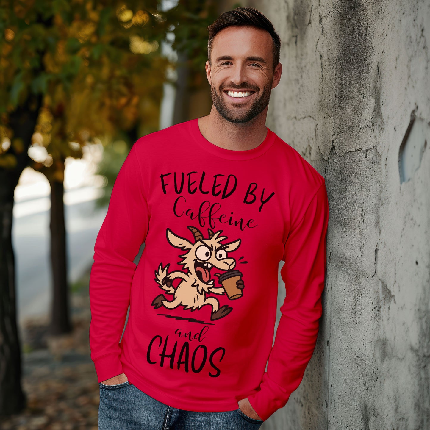 Fueled by Caffeine and Chaos Goat Long Sleeve T-Shirt – Funny Coffee Farm Animal Tee for Goat Lovers