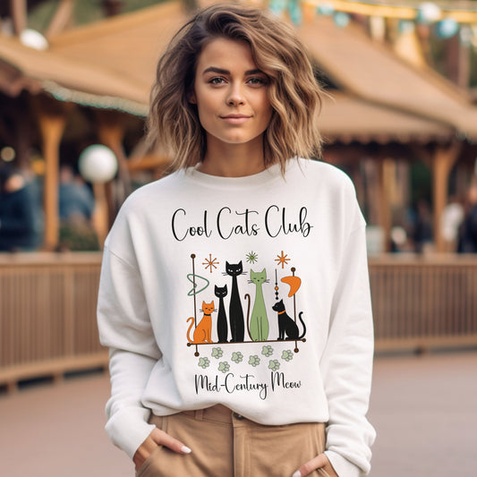Cool Cats Club Sweatshirt – Mid-Century Modern Cat Lover Shirt, Retro Atomic Style Sweatshirt for Vintage Aesthetic Fans