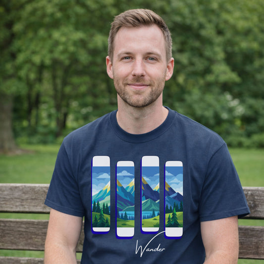Wander Landscape T-Shirt – Minimal Mountain Panel Graphic Tee | Nature-Inspired Unisex Shirt