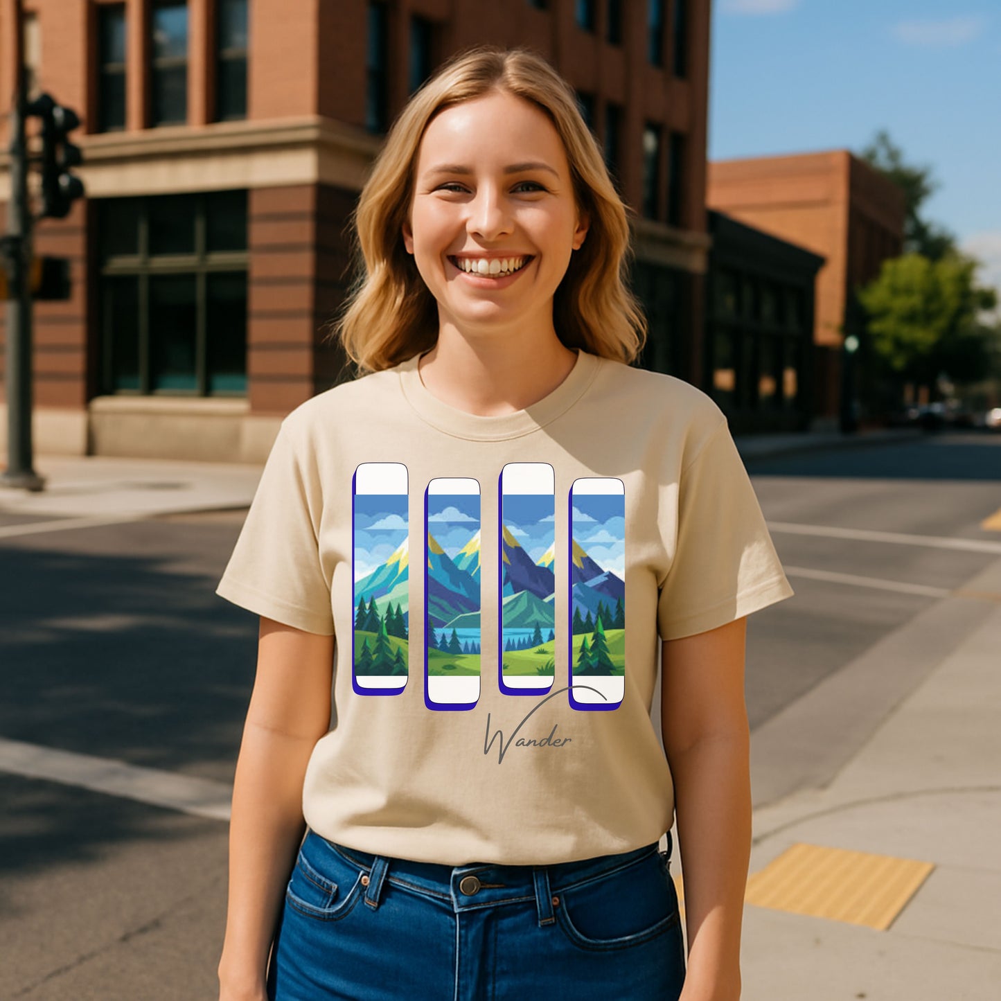 Wander Landscape T-Shirt – Minimal Mountain Panel Graphic Tee | Nature-Inspired Unisex Shirt