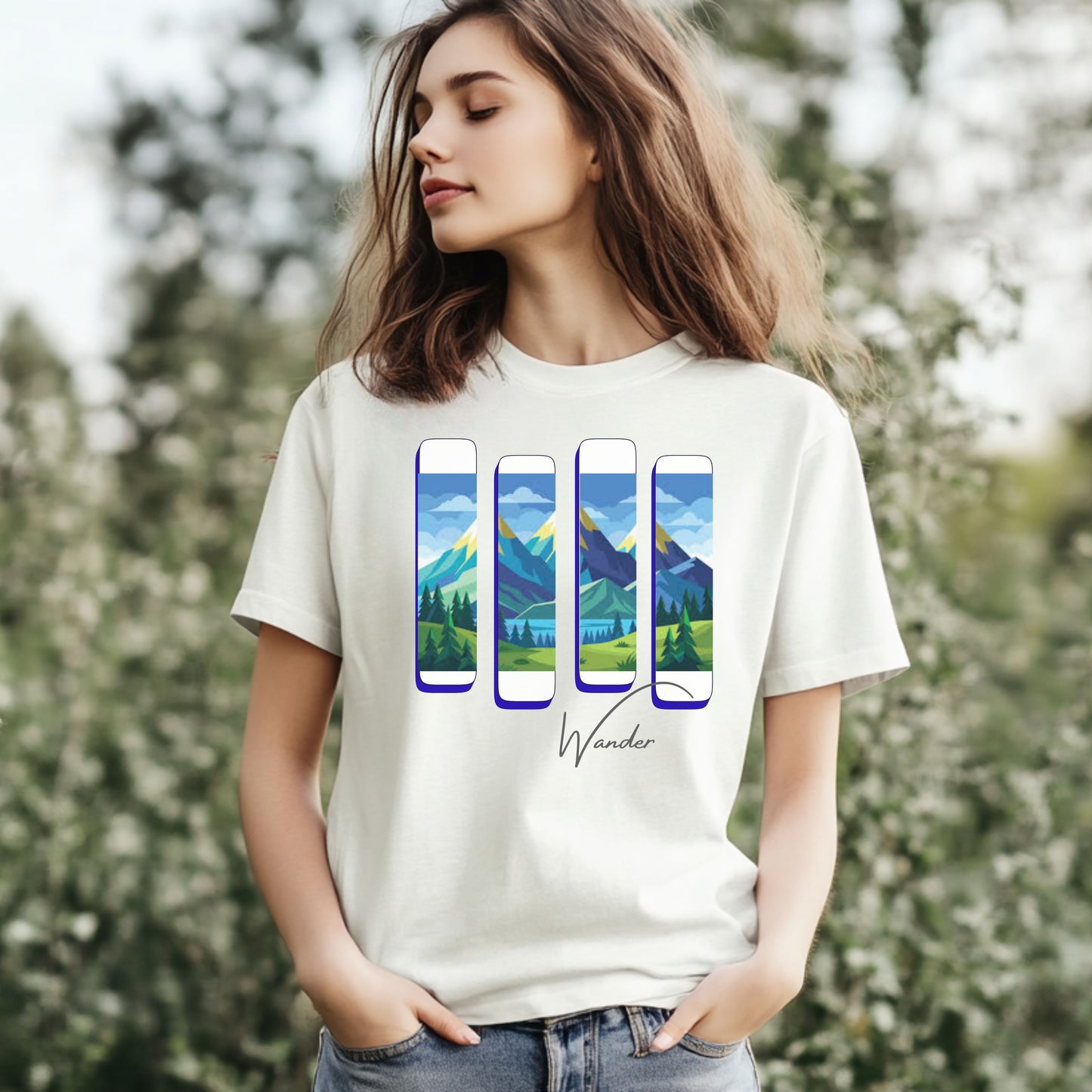 Wander Landscape T-Shirt – Minimal Mountain Panel Graphic Tee | Nature-Inspired Unisex Shirt