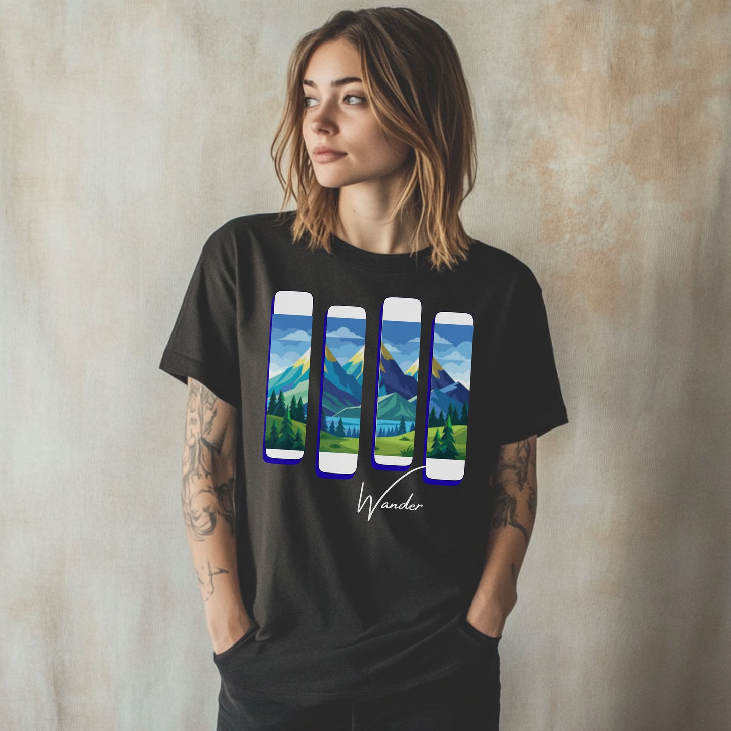 Wander Landscape T-Shirt – Minimal Mountain Panel Graphic Tee | Nature-Inspired Unisex Shirt