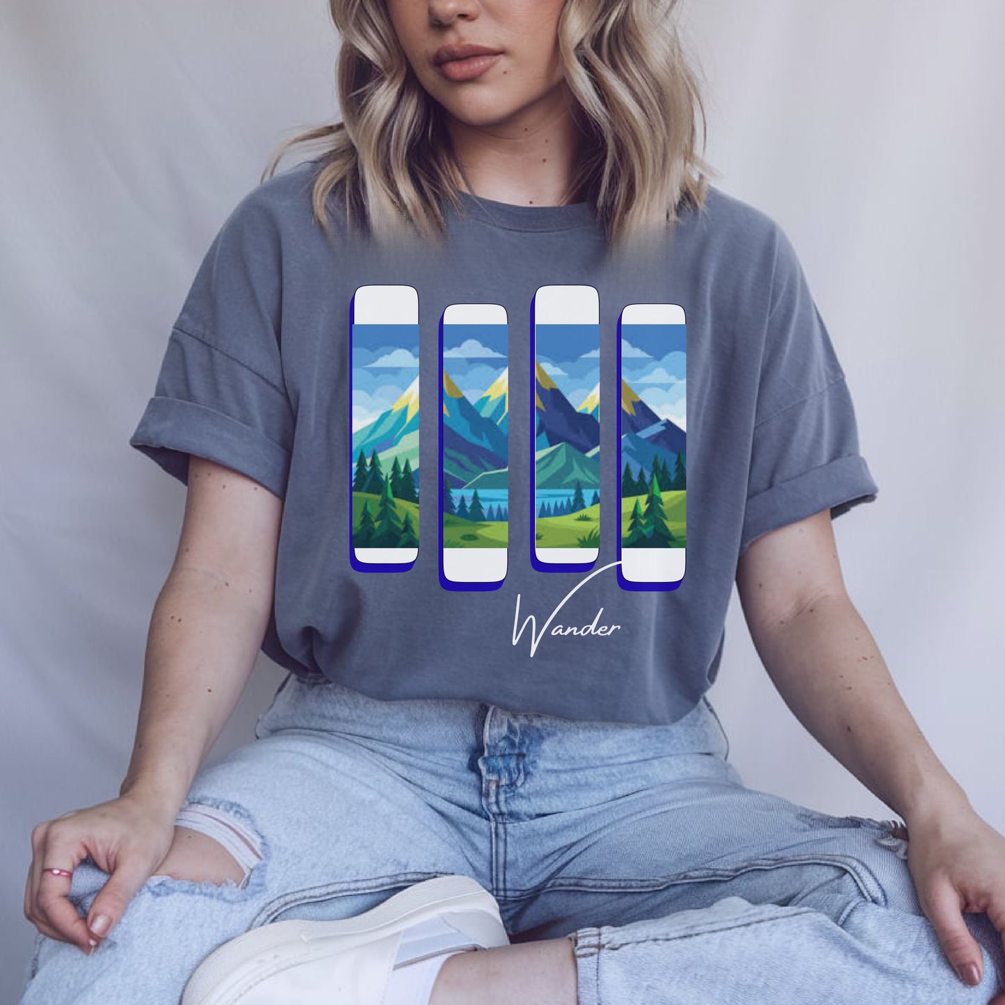 Wander Landscape T-Shirt – Minimal Mountain Panel Graphic Tee | Nature-Inspired Unisex Shirt