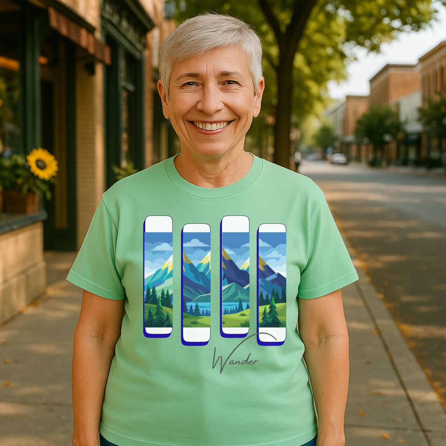 Wander Landscape T-Shirt – Minimal Mountain Panel Graphic Tee | Nature-Inspired Unisex Shirt