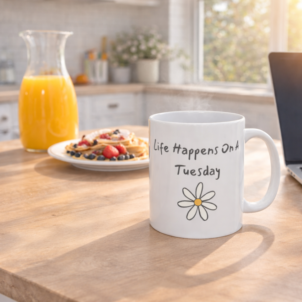 Life Happens On A Tuesday Mug – Funny Coffee Mug, Cute Daisy Mug, Relatable Quote Cup, Morning Coffee Gift, Work Mug