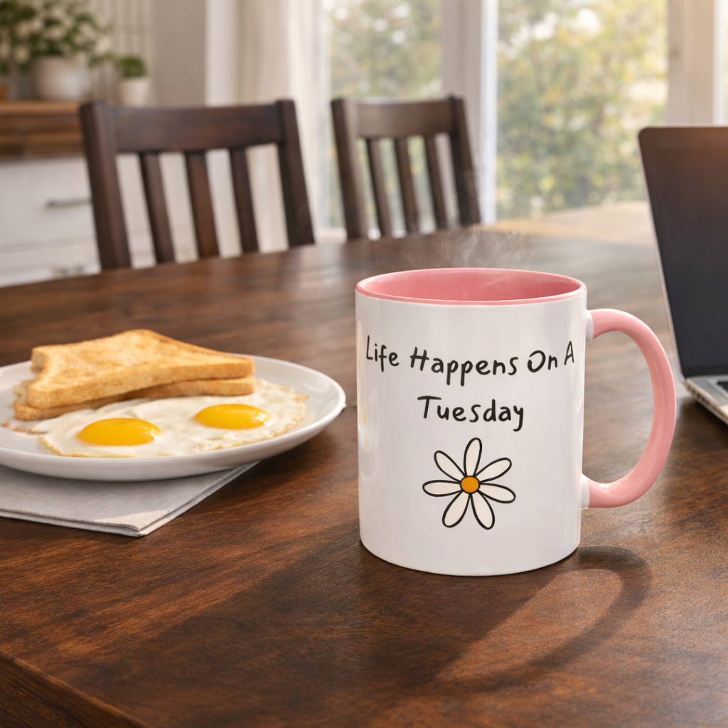 Life Happens On A Tuesday Mug – Funny Coffee Mug, Cute Daisy Mug, Relatable Quote Cup, Morning Coffee Gift, Work Mug