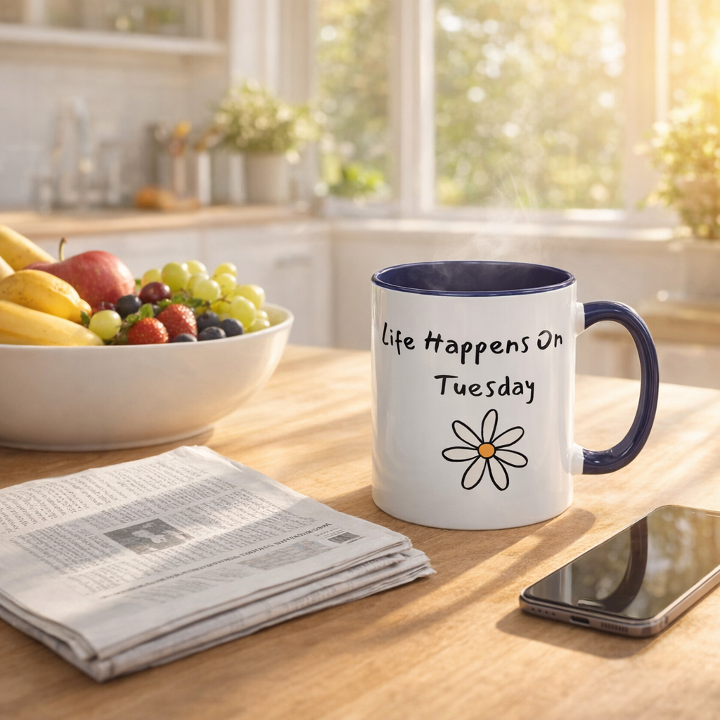 Life Happens On A Tuesday Mug – Funny Coffee Mug, Cute Daisy Mug, Relatable Quote Cup, Morning Coffee Gift, Work Mug
