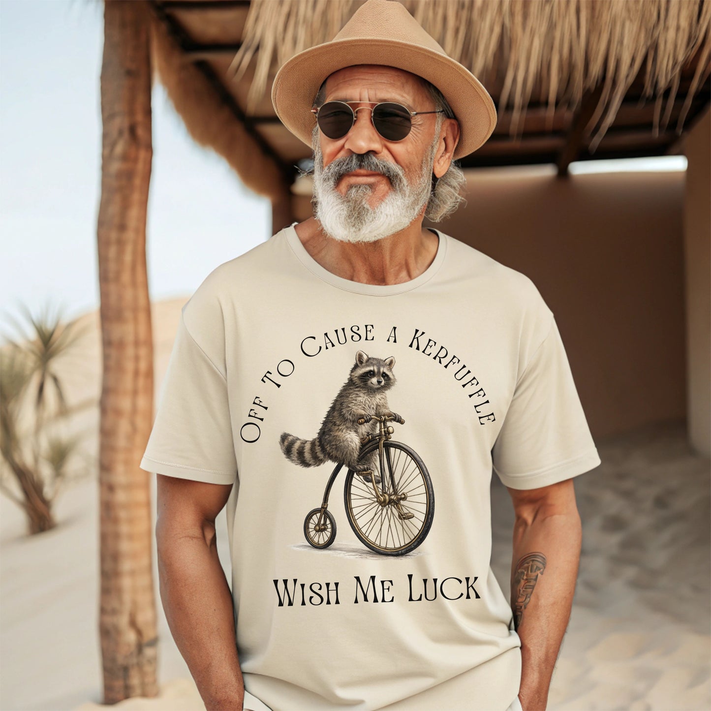 Off to Cause a Kerfuffle Raccoon T-Shirt – Funny Vintage Bicycle Graphic Tee, Cute Animal Shirt, Quirky Humor Tee, Unisex Casual Shirt