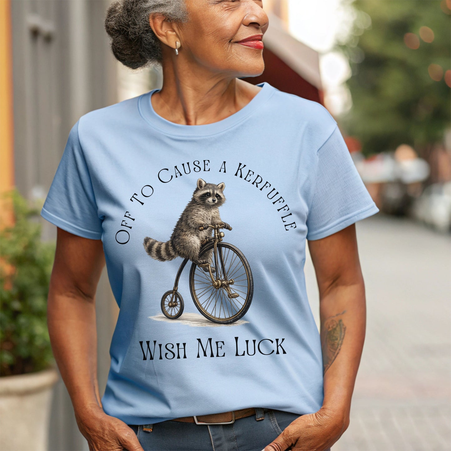 Off to Cause a Kerfuffle Raccoon T-Shirt – Funny Vintage Bicycle Graphic Tee, Cute Animal Shirt, Quirky Humor Tee, Unisex Casual Shirt