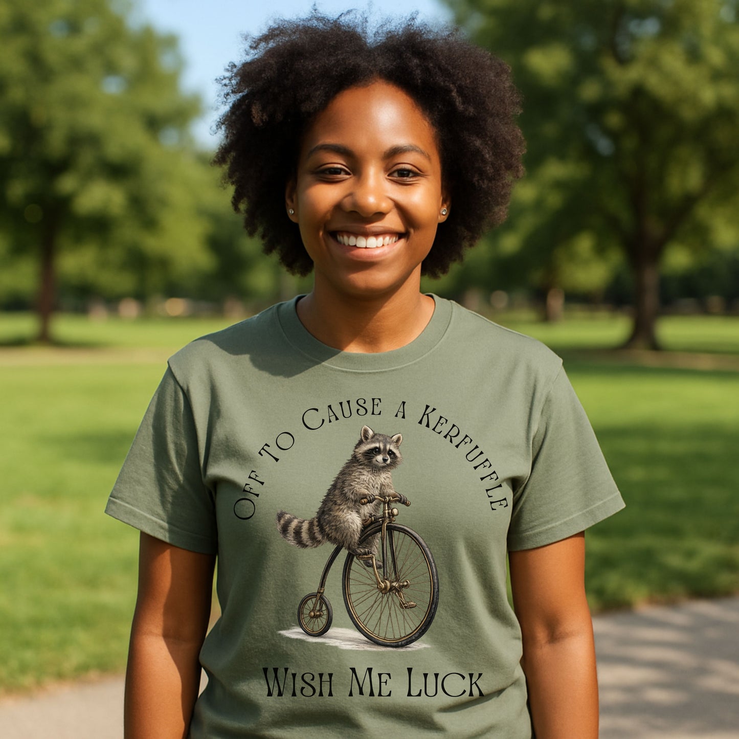 Off to Cause a Kerfuffle Raccoon T-Shirt – Funny Vintage Bicycle Graphic Tee, Cute Animal Shirt, Quirky Humor Tee, Unisex Casual Shirt