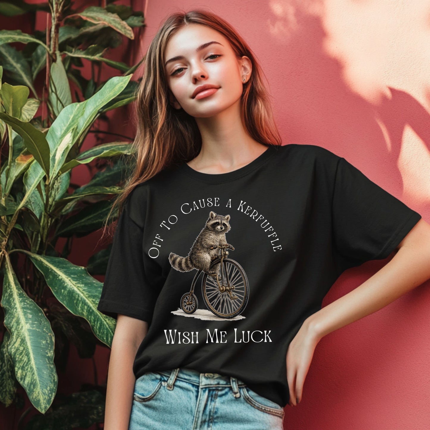 Off to Cause a Kerfuffle Raccoon T-Shirt – Funny Vintage Bicycle Graphic Tee, Cute Animal Shirt, Quirky Humor Tee, Unisex Casual Shirt