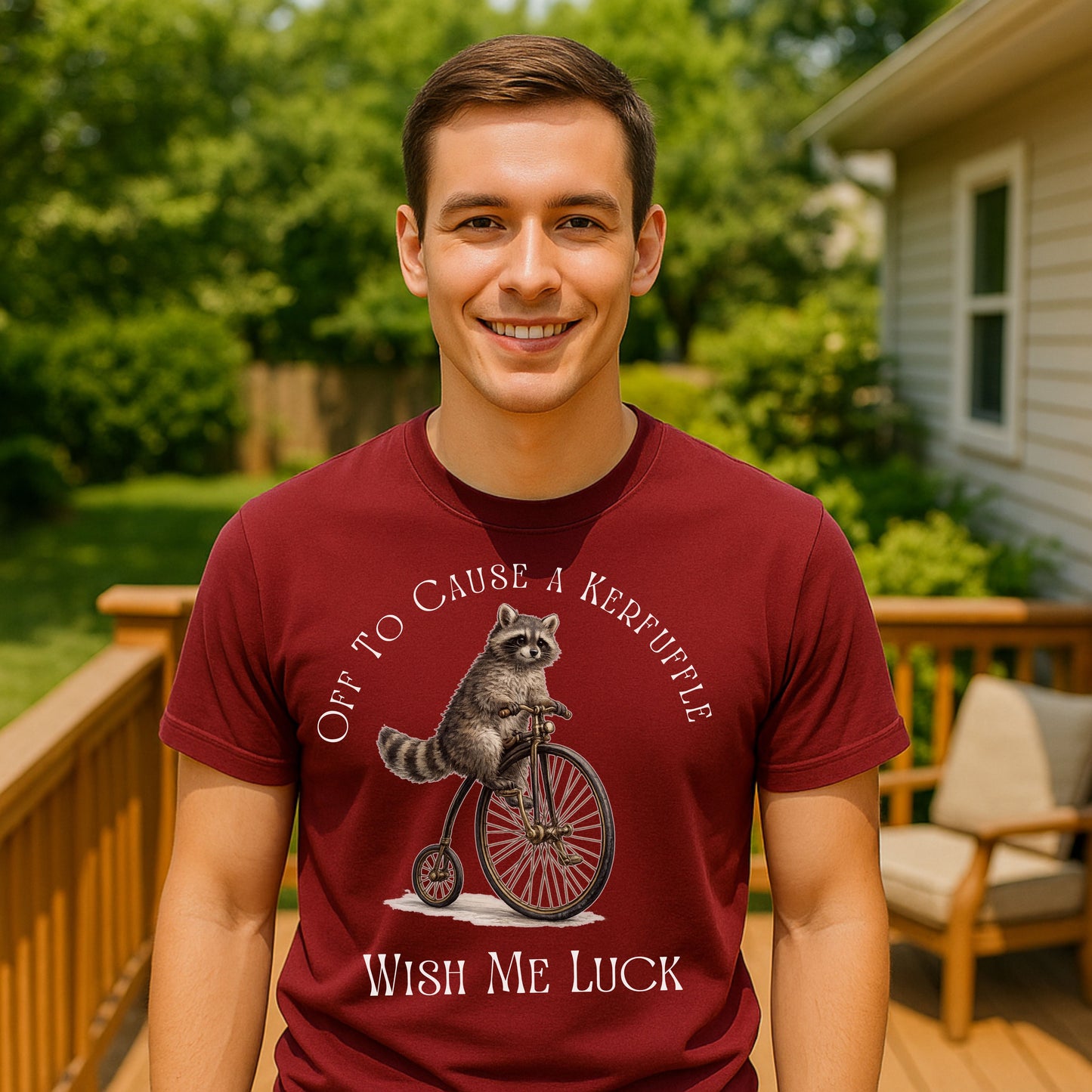 Off to Cause a Kerfuffle Raccoon T-Shirt – Funny Vintage Bicycle Graphic Tee, Cute Animal Shirt, Quirky Humor Tee, Unisex Casual Shirt