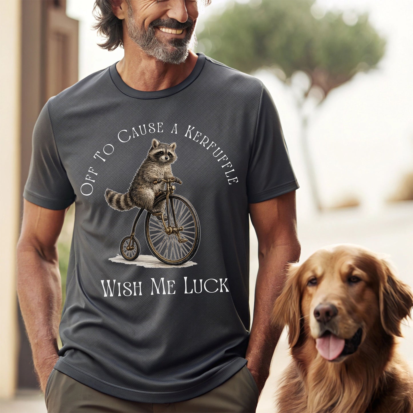 Off to Cause a Kerfuffle Raccoon T-Shirt – Funny Vintage Bicycle Graphic Tee, Cute Animal Shirt, Quirky Humor Tee, Unisex Casual Shirt