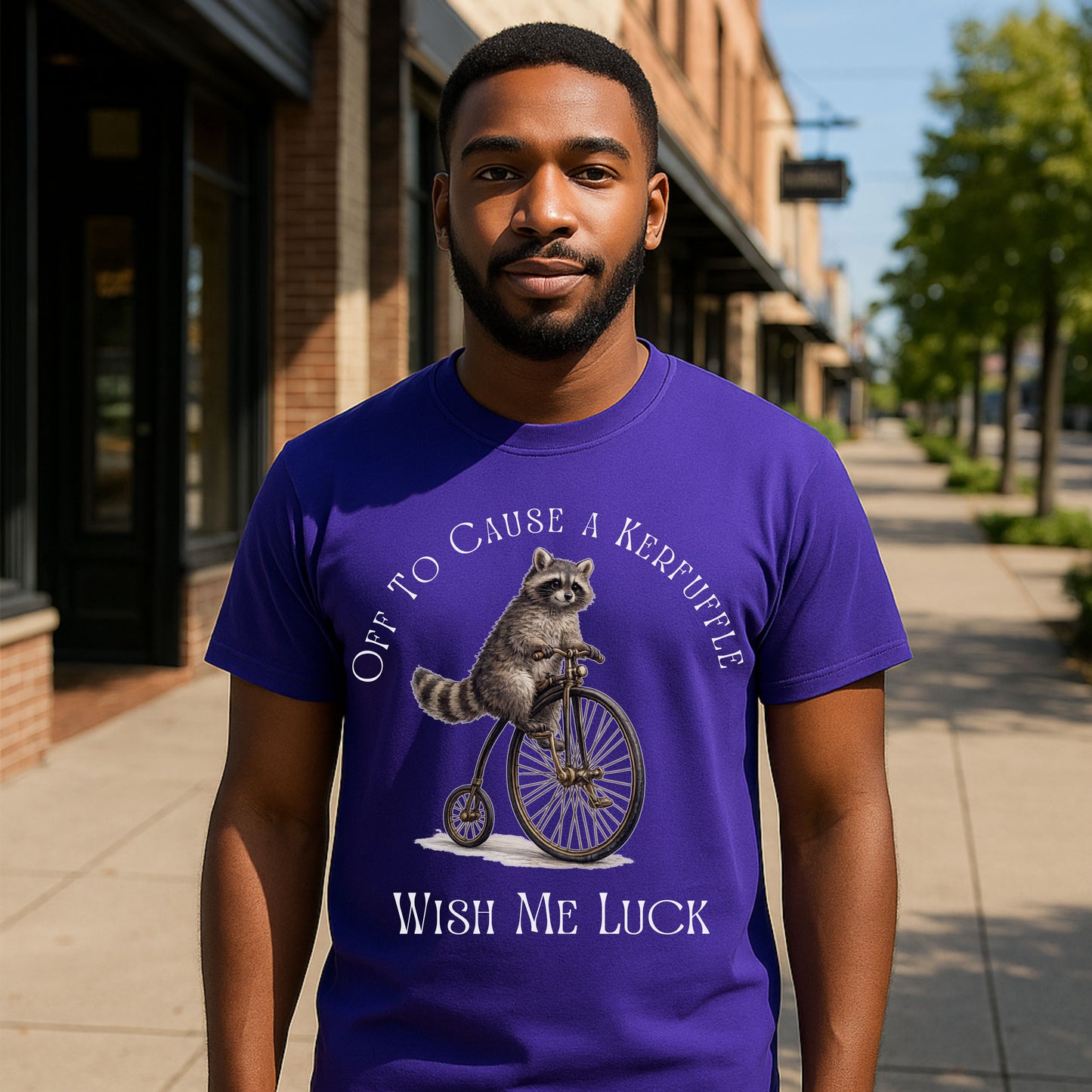 Off to Cause a Kerfuffle Raccoon T-Shirt – Funny Vintage Bicycle Graphic Tee, Cute Animal Shirt, Quirky Humor Tee, Unisex Casual Shirt