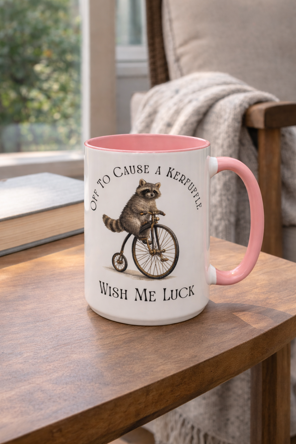 Off to Cause a Kerfuffle Raccoon Mug – Funny Coffee Mug, Cute Animal Mug, Sarcastic Gift, Morning Humor Cup