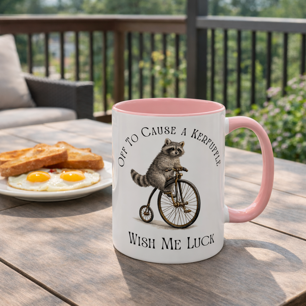 Off to Cause a Kerfuffle Raccoon Mug – Funny Coffee Mug, Cute Animal Mug, Sarcastic Gift, Morning Humor Cup
