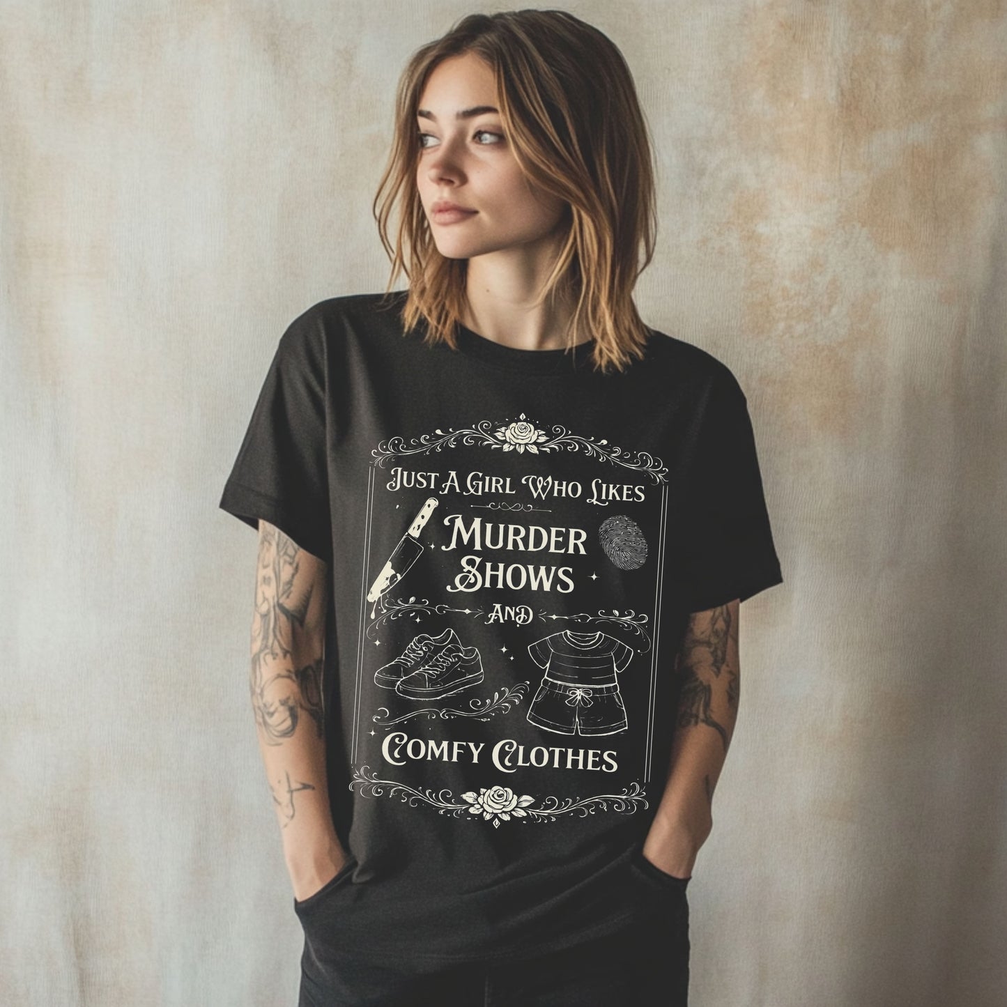 Just A Girl Who Likes Murder Shows and Comfy Clothes Shirt – Funny True Crime T-Shirt, Introvert Graphic Tee, Cozy Aesthetic Shirt