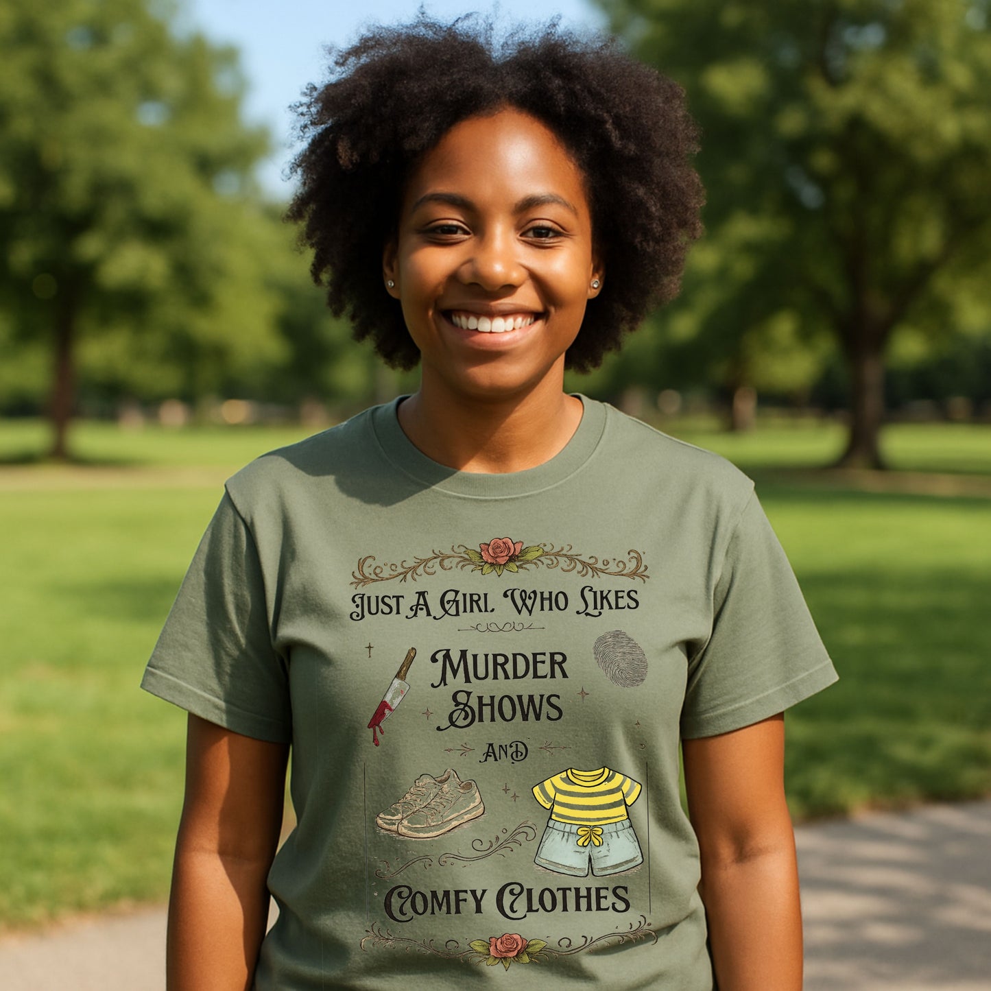 Just A Girl Who Likes Murder Shows and Comfy Clothes Shirt – Funny True Crime T-Shirt, Introvert Graphic Tee, Cozy Aesthetic Shirt