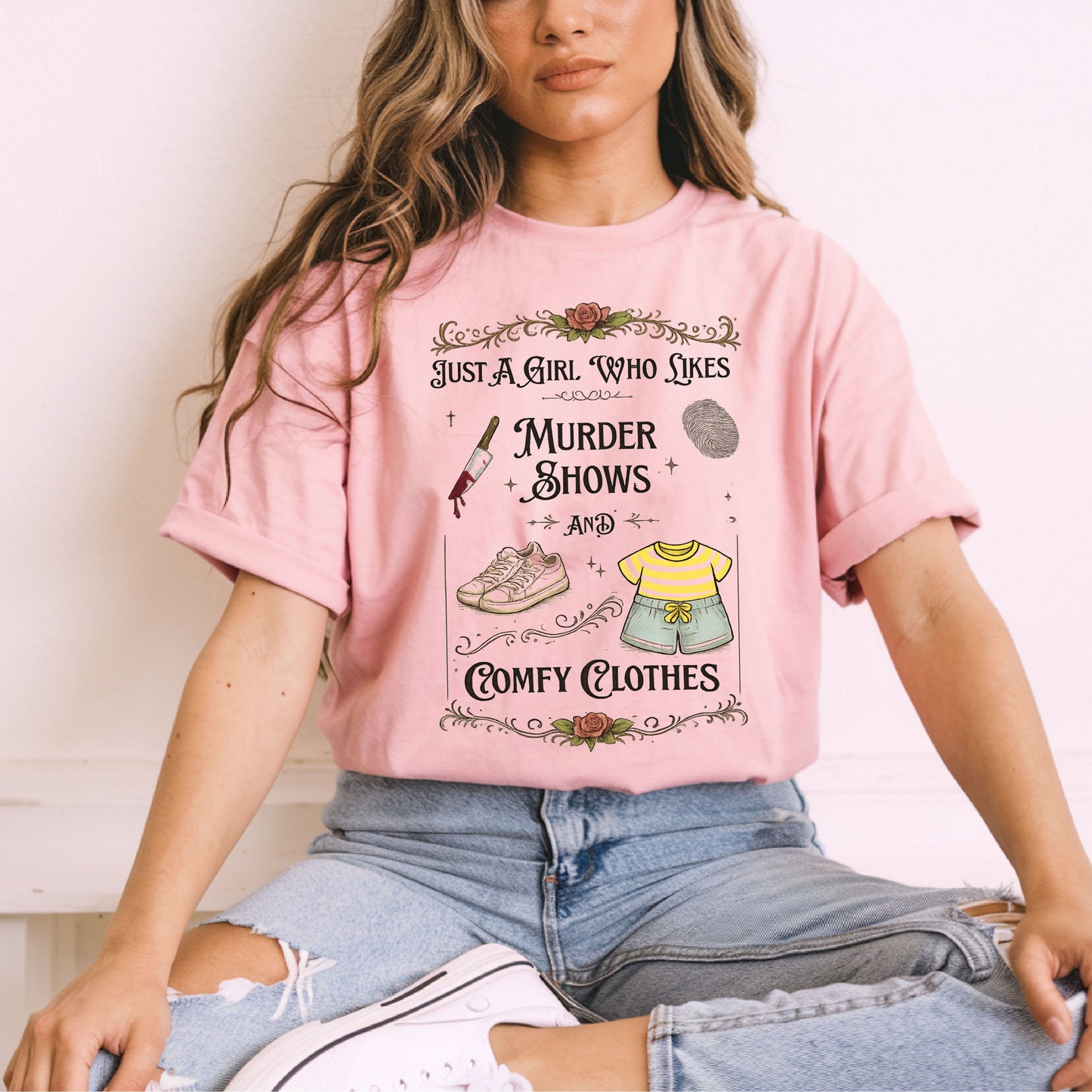 Just A Girl Who Likes Murder Shows and Comfy Clothes Shirt – Funny True Crime T-Shirt, Introvert Graphic Tee, Cozy Aesthetic Shirt