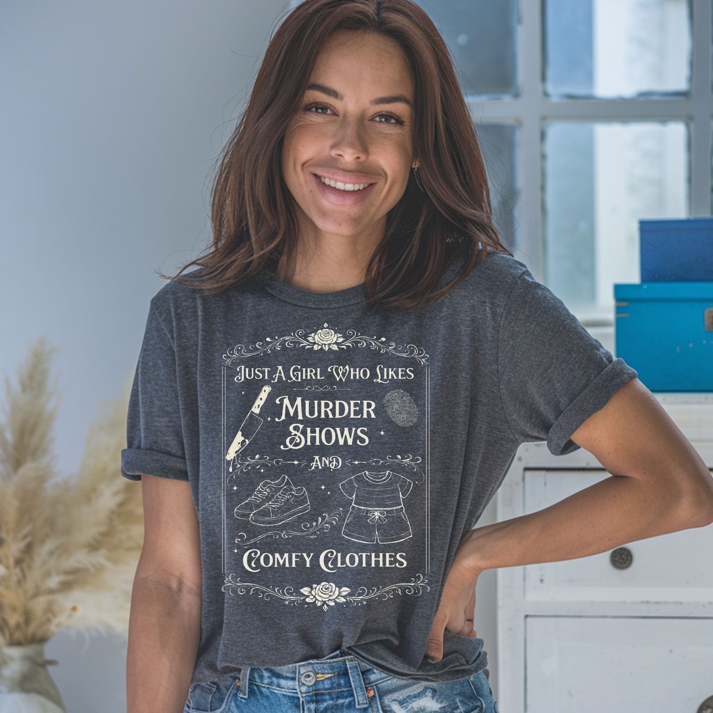 Just A Girl Who Likes Murder Shows and Comfy Clothes Shirt – Funny True Crime T-Shirt, Introvert Graphic Tee, Cozy Aesthetic Shirt