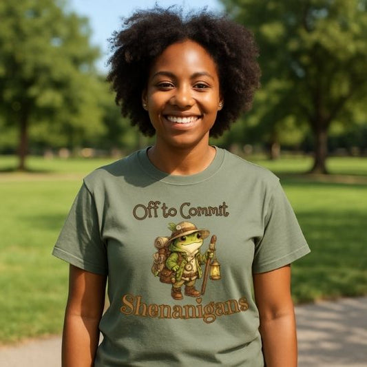 Off to Commit Shenanigans Frog T-Shirt - Funny Cottagecore Graphic Tee - Fantasy Adventure Frog Shirt - Cute Aesthetic Nature Tee