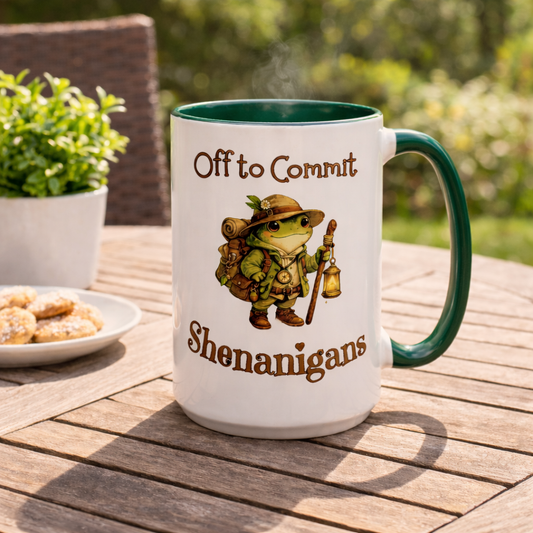Off to Commit Shenanigans Frog Accent Mug – Funny Cute Frog Coffee Mug, Colored Handle Mug, Cottagecore Gift, Book Lover Mug, 11oz 15oz