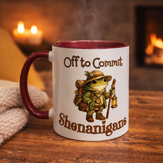 Off to Commit Shenanigans Frog Accent Mug – Funny Cute Frog Coffee Mug, Colored Handle Mug, Cottagecore Gift, Book Lover Mug, 11oz 15oz