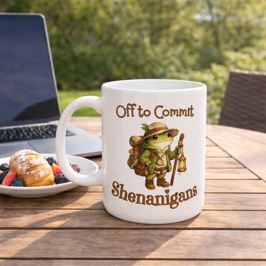 Off to Commit Shenanigans Frog Mug – Funny White Coffee Mug, Cute Frog Gift, Cottagecore Humor Cup, Book Lover Mug, 11oz 15oz
