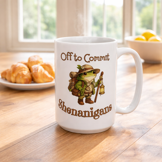 Off to Commit Shenanigans Frog Mug – Funny White Coffee Mug, Cute Frog Gift, Cottagecore Humor Cup, Book Lover Mug, 11oz 15oz