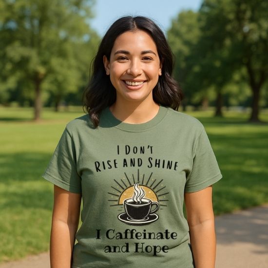 I Don’t Rise and Shine I Caffeinate and Hope T-Shirt – Funny Coffee Lover Tee, Cozy Introvert Shirt, Sarcastic Graphic Tee