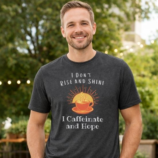 I Don’t Rise and Shine I Caffeinate and Hope T-Shirt – Funny Coffee Lover Tee, Cozy Introvert Shirt, Sarcastic Graphic Tee