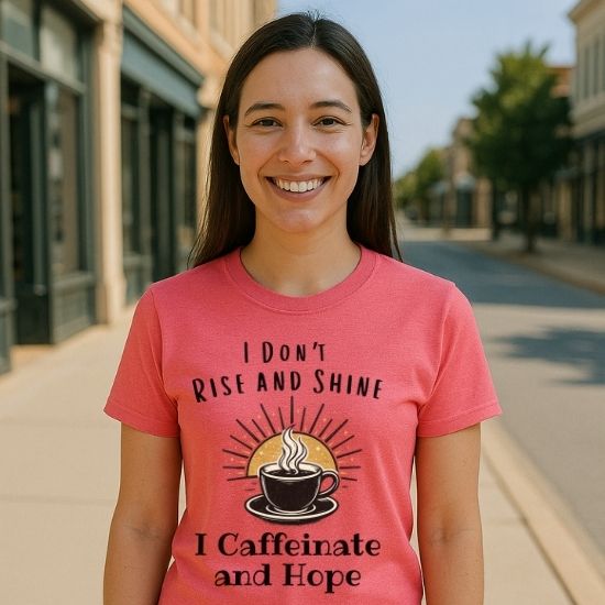 I Don’t Rise and Shine I Caffeinate and Hope T-Shirt – Funny Coffee Lover Tee, Cozy Introvert Shirt, Sarcastic Graphic Tee