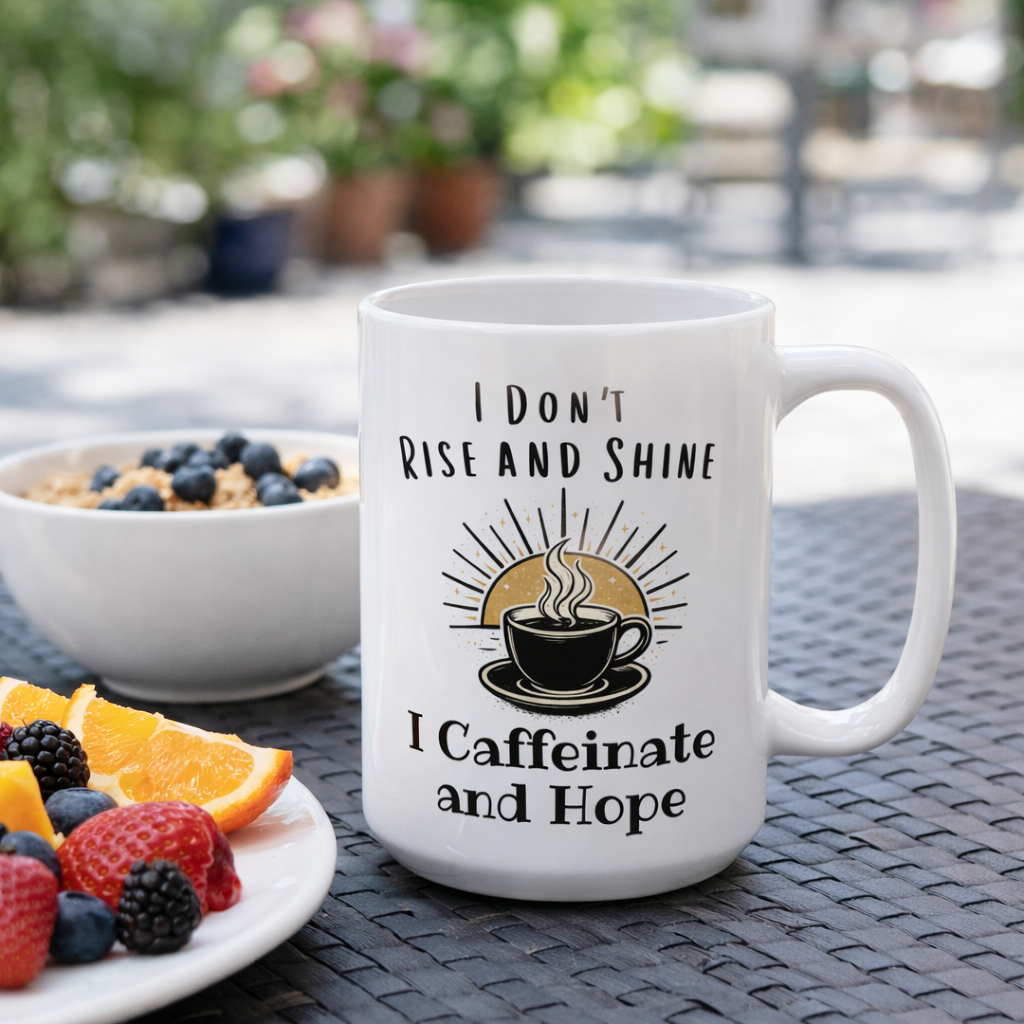 I Don’t Rise and Shine I Caffeinate and Hope Coffee Mug – Funny Coffee Lover Mug, Sarcastic Morning Mug, Ceramic Mug Gift