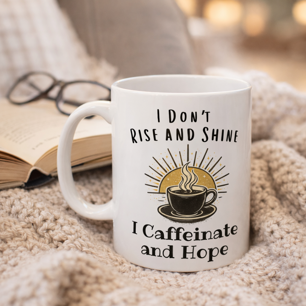 I Don’t Rise and Shine I Caffeinate and Hope Coffee Mug – Funny Coffee Lover Mug, Sarcastic Morning Mug, Ceramic Mug Gift
