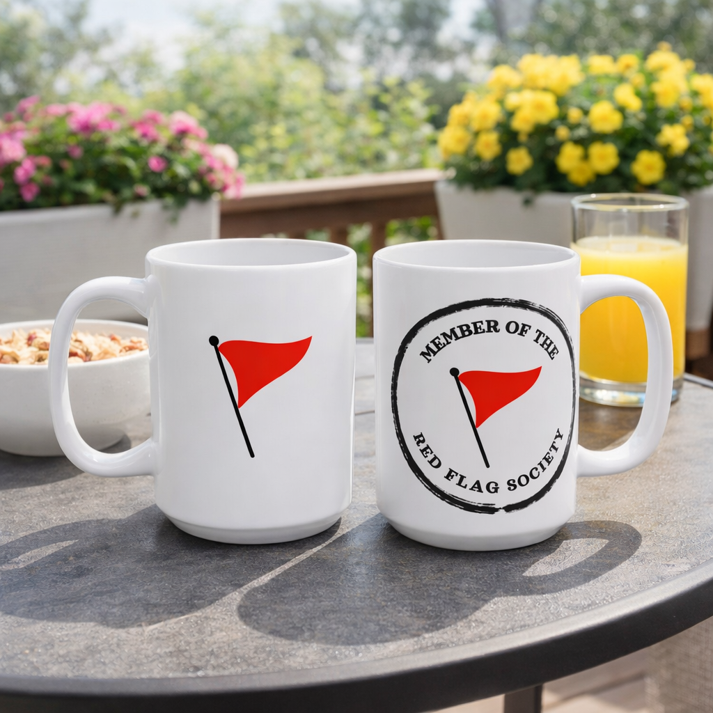 Red Flag Society Mug – Funny Dating Humor Coffee Cup | 11oz & 15oz White or Black Mug Gift