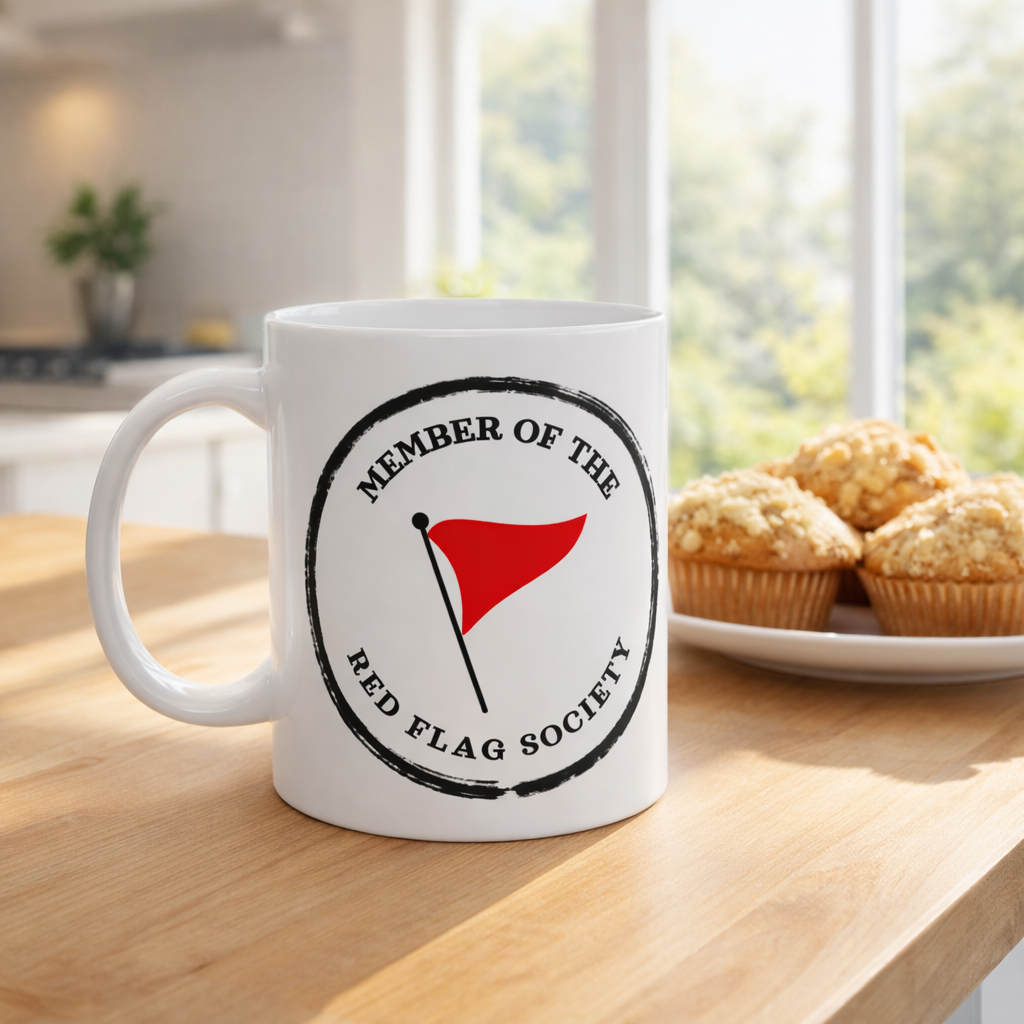 Red Flag Society Mug – Funny Dating Humor Coffee Cup | 11oz & 15oz White or Black Mug Gift
