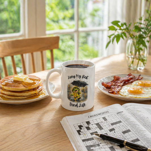 Frog Coffee Mug, Living My Best Pond Life Mug, Funny Frog Mug, Rainy Day Mug, Cute Animal Coffee Cup, Gift for Frog Lovers, 11oz, 15oz, Black, White Mug
