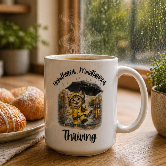 Cat Coffee Mug, Unbothered Moisturized Thriving Mug, Funny Cat Mug, Rainy Day Mug, Cute Cat Coffee Cup, Gift for Cat Lovers, 11oz, 15oz, Black, White Mug